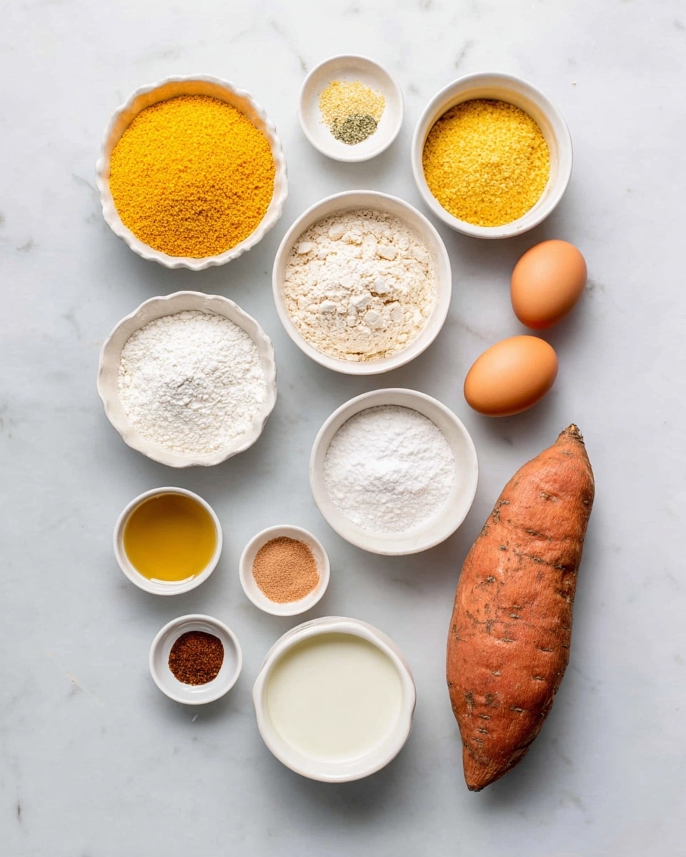 The image shows a collection of ingredients neatly arranged on a white marbled surface. There are eleven white small bowls and ramekins containing various ingredients including bright yellow cornmeal, white flour, light brown sugar, a golden oil, off-white liquid (likely a milk or cream substitute), and a small amount of white powders and spices. There are also two brown eggs placed among the bowls. To the right, there is one whole orange sweet potato with textured skin. The ingredients are placed in a clean, organized layout with good lighting. photo taken with an iphone --ar 4:5 --v 7