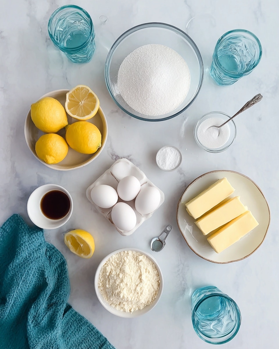 The image shows a top view of ingredients arranged on a white marbled surface. There are seven glass and white dishes holding different ingredients: a clear glass bowl filled with white granulated sugar near the center top, a smaller glass bowl with six white eggs below the sugar, a clear glass bowl with pale flour bottom center, and a white plate with three sticks of yellow butter to the right. To the far left, a white dish holds four bright yellow lemons, one sliced in half, and near it is a very small glass bowl with a dark brown liquid. A small glass cup with white powder and a silver spoon is near the upper right, while two empty blue-tinted clear glasses are placed on the upper left side. There is a folded teal cloth on the bottom right corner. photo taken with an iphone --ar 4:5 --v 7