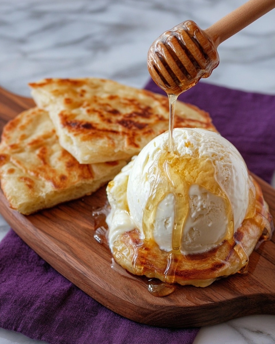 The image shows a wooden board with two pieces of bread. The piece on the left is flat, golden brown, and crispy, resting on a purple cloth. On the right, a white flatbread sits under a large scoop of creamy white vanilla ice cream. Honey is being poured from a wooden honey dipper onto the ice cream, creating a shiny, sticky texture flowing down the sides. The background surface is changed to white marble. photo taken with an iphone --ar 4:5 --v 7