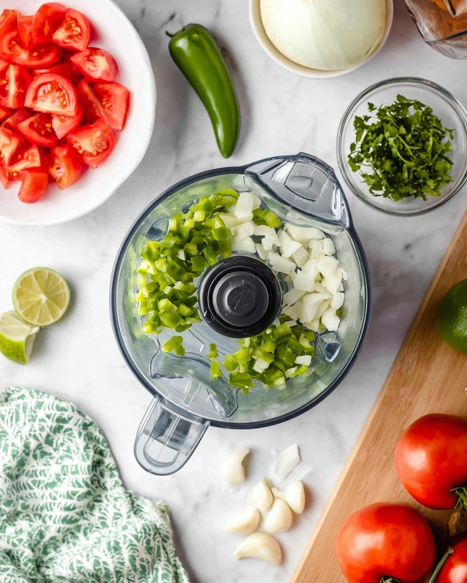 The image shows a clear blender jar from a top view, with three main layers inside: chopped green peppers scattered on top, white garlic cloves and onion pieces beneath them, all sitting on the blender's base. Around the blender are several ingredients arranged on a white marbled surface: a white bowl with red tomato quarters on the left, a small clear bowl with chopped green herbs near the top center, a whole green chili pepper, lime halves, red tomatoes on the vine, and a white onion on the right. Garlic cloves and green herbs are also scattered near the bottom. A green and white patterned cloth is partially seen on the lower left side of the image. Photo taken with an iphone --ar 4:5 --v 7