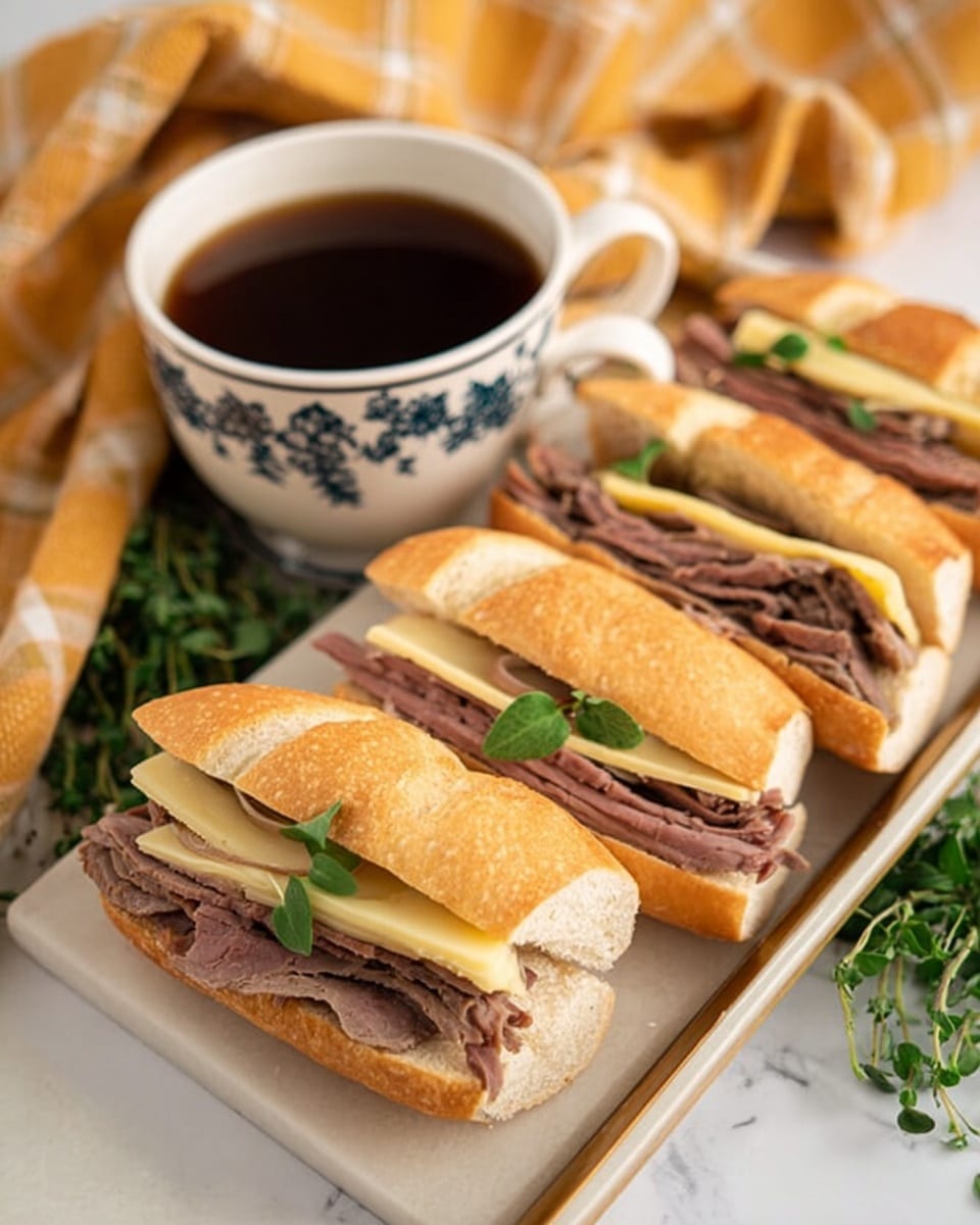 A close-up view of a sandwich being dipped into a dark brown sauce. The sandwich has a golden-brown crusty bun, with visible layers of melted light yellow cheese and thin slices of cooked brown meat inside. The sandwich is held above a white bowl that has a floral blue and green pattern on its side, filled with the dark sauce. Green leafy herbs surround the bowl, and the background is a white marbled surface. Photo taken with an iphone --ar 4:5 --v 7