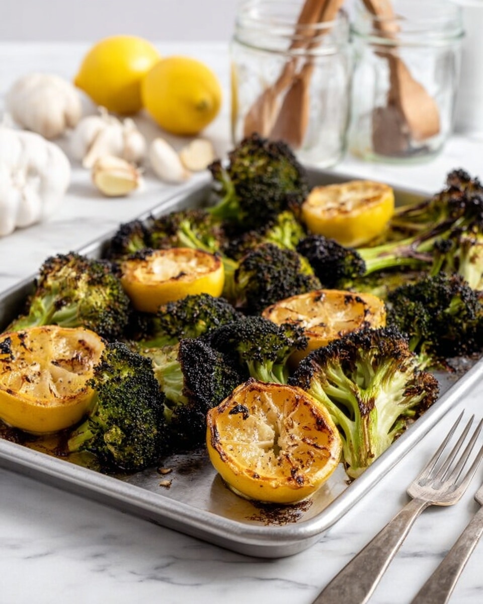 A close-up image shows a silver fork holding a single piece of roasted broccoli with dark charred edges and a light green stem, lifted above a white plate. On the plate, there are multiple pieces of roasted broccoli with browned textures and several slices of roasted lemon with golden, slightly caramelized surfaces scattered around. In the background, out of focus, a white bowl holds whole yellow lemons. The scene is set on a white marbled surface with a soft, bright light enhancing the fresh and cooked textures. Photo taken with an iphone --ar 4:5 --v 7