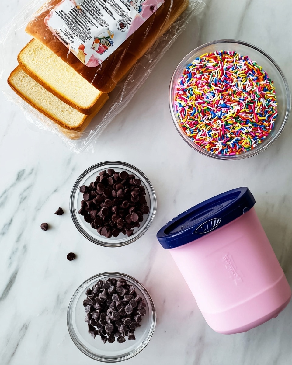 The image shows a close-up of a white marbled surface with four main items arranged on it: a rectangular packaged bread loaf placed at the top left corner with part of the sliced bread visible, a small clear glass bowl filled with colorful long sprinkles towards the top right, another small clear glass bowl filled with dark brown chocolate chips placed near the bottom left, and a pink ice cream container with a navy blue lid lying on its side at the bottom right. The items are spaced apart on the surface, with some loose sprinkles and chocolate chips visible inside the bowls. photo taken with an iphone --ar 4:5 --v 7