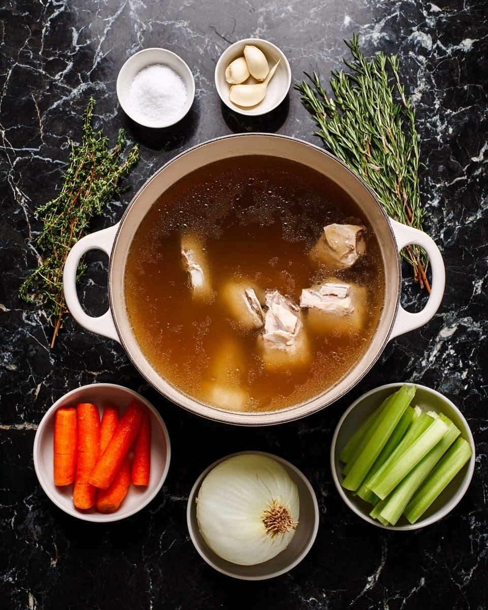 A white pot with two handles sits at the center filled with clear brown broth containing light beige bone pieces floating inside. Around the pot, six small white bowls are arranged on a dark surface: at the top left a bowl with white salt, top right a bowl with white garlic cloves, bottom right a bowl with orange baby carrots, bottom left a bowl with a halved yellow onion showing white layers, middle left a bowl with green celery stalks, and middle right a bowl with green sprigs of herbs including rosemary and thyme. The background has a white marbled texture. Photo taken with an iphone --ar 4:5 --v 7