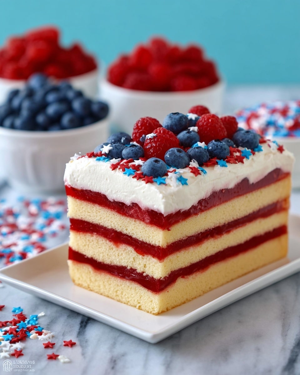 A square cake with four visible layers on a white rectangular plate, each of the three middle layers alternating between light yellow sponge cake and bright red jelly-like filling. The top layer is light yellow sponge cake covered with a thick, fluffy white whipped cream layer, decorated with fresh blueberries and raspberries, and small red, white, and blue star-shaped sprinkles scattered over the cream. In the background, there are bowls of fresh raspberries, blueberries, and a small bowl filled with the same star-shaped sprinkles on a white marbled surface, with a soft blue backdrop. Photo taken with an iphone --ar 4:5 --v 7