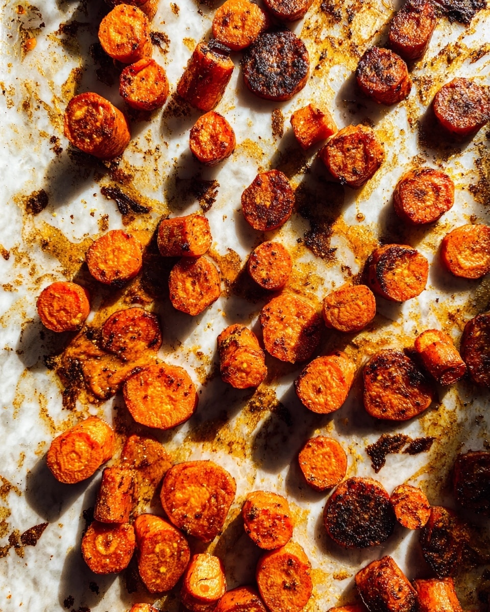 The image shows many pieces of roasted carrots spread out on a white marbled surface. There are two types of carrot cuts: round slices and small cylinder chunks, both with a deep orange color and dark brown roasted spots on them. The white marbled surface has many oily, brown roasted marks and seasoning stains around the carrots, creating a textured and flavorful background. The light shines strongly from the side, casting shadows and highlighting the carrots’ rough texture and charred edges. photo taken with an iphone --ar 4:5 --v 7