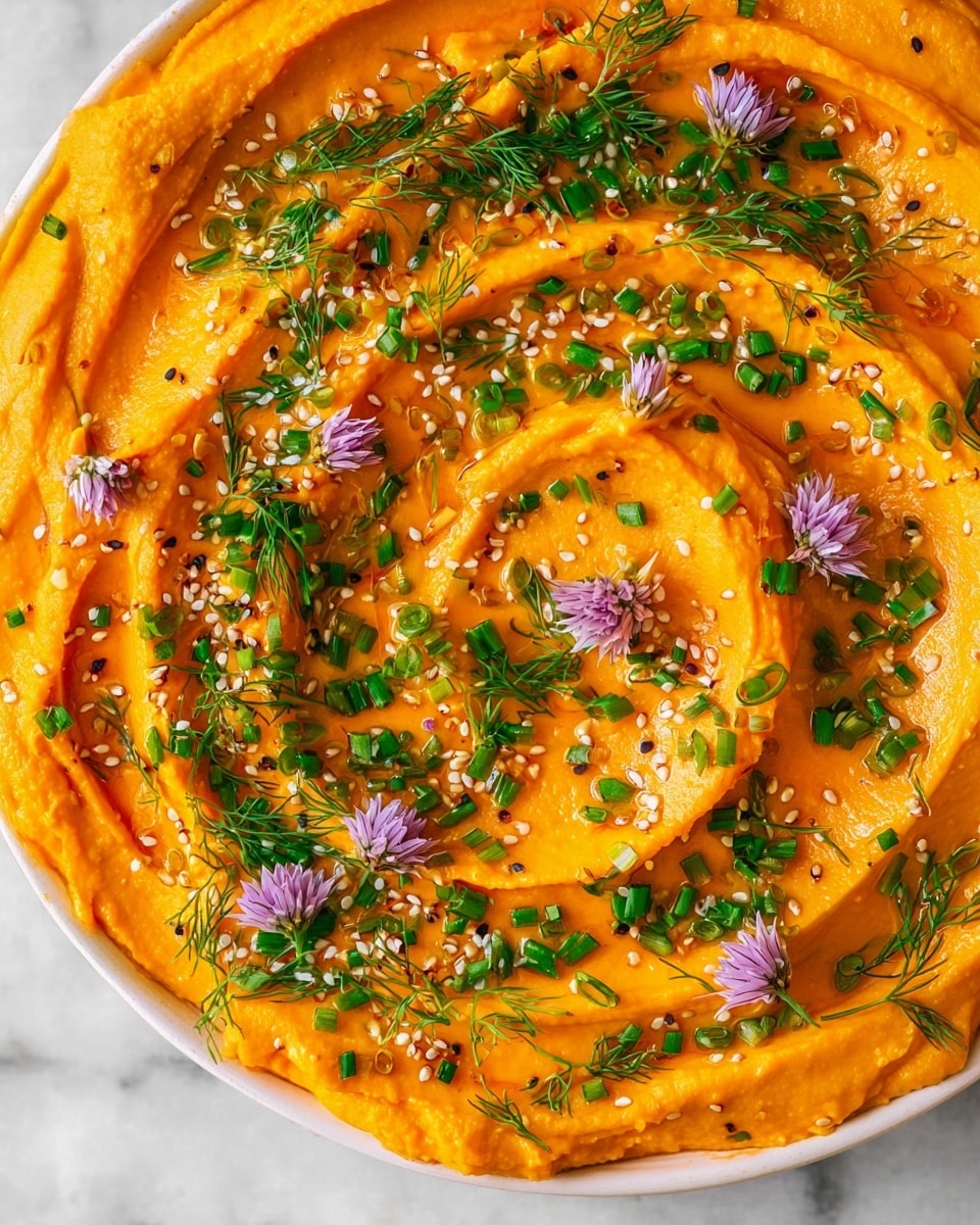 A white bowl filled with three thick, swirled layers of bright orange creamy hummus, each layer textured with soft waves and small dips, garnished with small green chopped chives, light green fresh dill sprigs, tiny purple chive flowers, and sprinkled sesame seeds creating a contrast with the smooth orange hummus, all on a white marbled surface background photo taken with an iphone --ar 4:5 --v 7