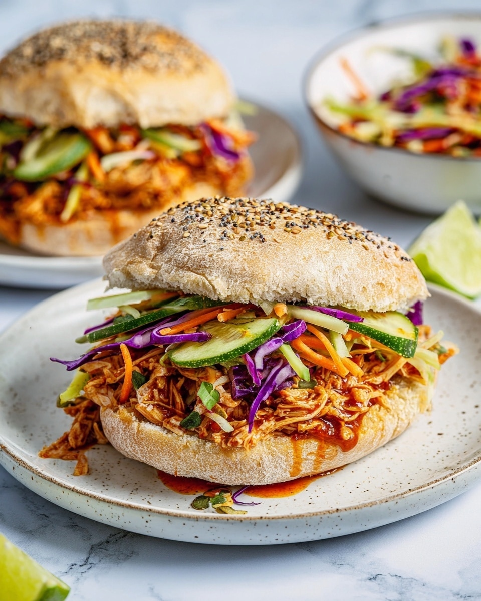 The image shows two sandwiches on a white plate with a slight speckled pattern. Each sandwich has three visible layers: the bottom layer is shredded orange chicken mixed with sauce, the middle layer is a colorful mix of thinly sliced green cucumber, purple cabbage, and orange carrot strips, and the top layer is a soft, seeded sandwich bun sprinkled with various seeds like flax and poppy. The whole scene is set on a white marbled surface, with a lime wedge and a bowl of the same vegetable mix visible in the background. photo taken with an iphone --ar 4:5 --v 7