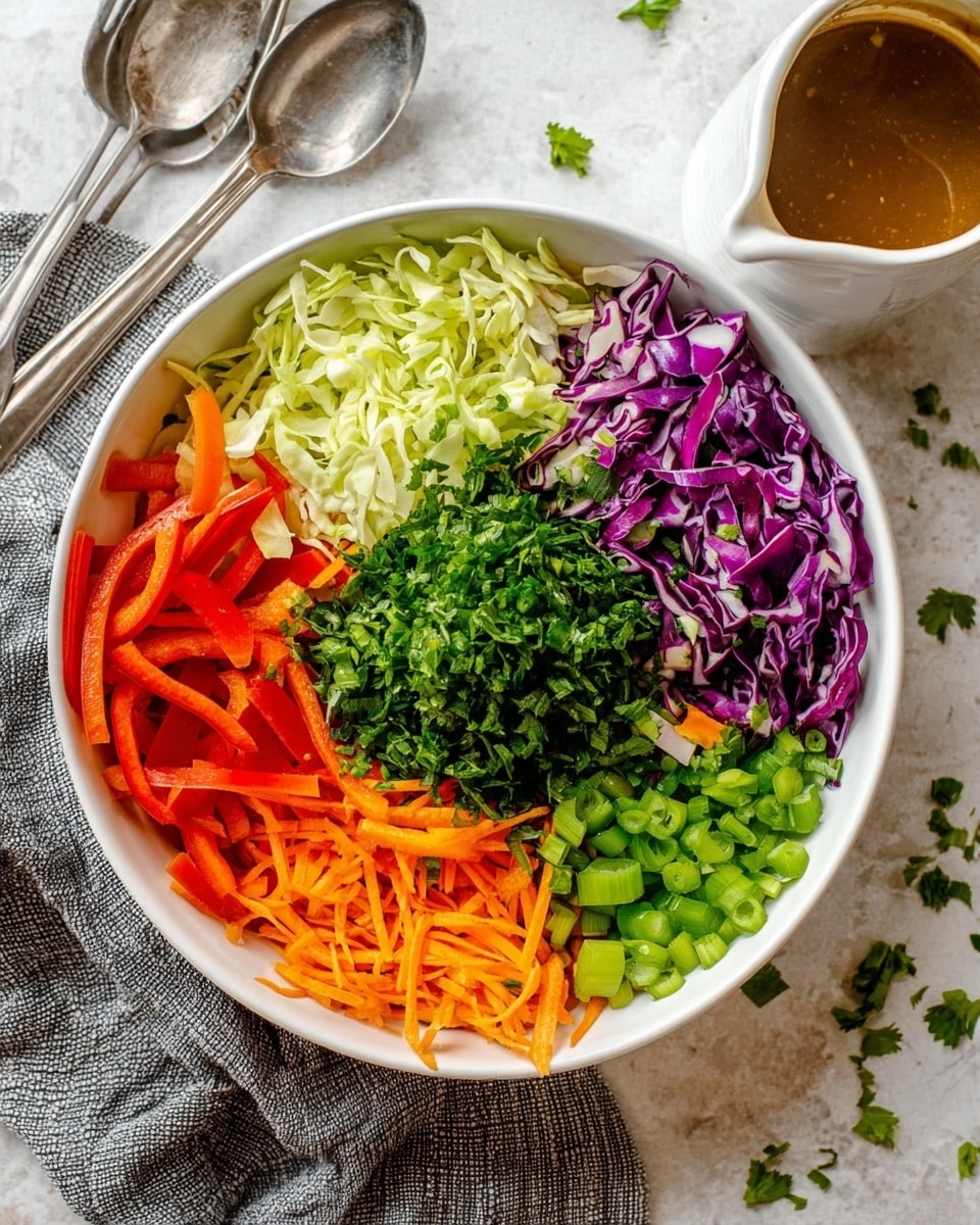 A large white bowl is filled with six colorful layers of fresh vegetables arranged in sections: bright red bell pepper strips on the left, thin shredded purple cabbage on the upper left, pale green shredded cabbage on the upper right, finely chopped green bell pepper on the right, thin carrot sticks below the green pepper, and a pile of chopped green onions below the red pepper. In the center of the bowl is a mound of chopped fresh parsley, dark green in color. The bowl rests on a white marbled surface with some scattered chopped parsley around. To the right is a white pitcher with brown dressing inside, and two metal serving spoons lie near the bowl. A gray textured cloth is partially visible beneath the bowl. photo taken with an iphone --ar 4:5 --v 7