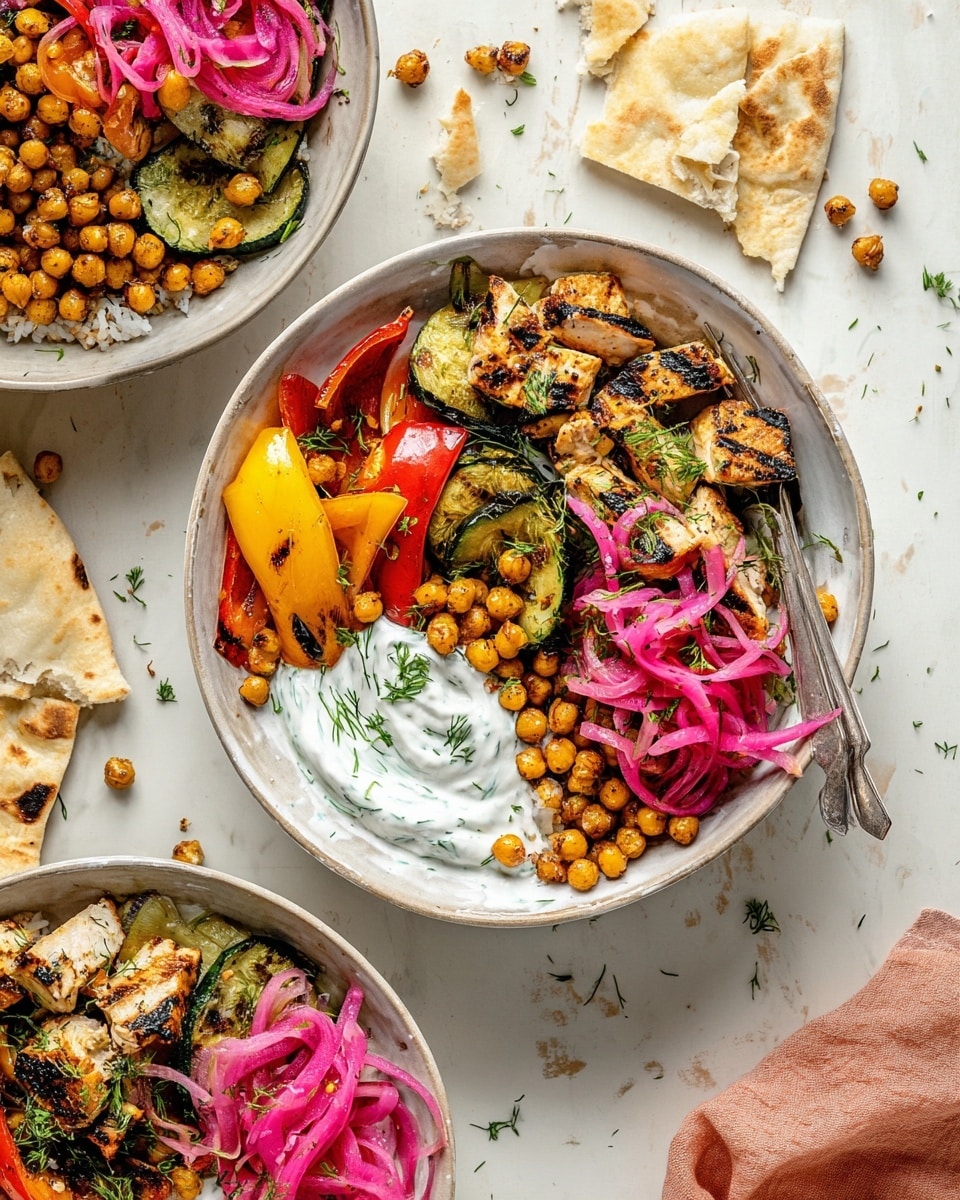 Two white bowls sit on a white marbled surface, each filled with layers of food. The bottom layer is creamy white yogurt with green dill herbs. On one side of the bowl, there are colorful grilled vegetables including yellow, orange, and red bell peppers, and pieces of grilled zucchini and purple onion. Next to the vegetables is a layer of golden-brown roasted chickpeas. Above this sits grilled pieces of chicken topped with chopped green herbs. Bright pink pickled onion strands lie on top of the chicken. Around the bowls, there are pieces of broken flatbread and scattered chickpeas. A silver fork rests on the edge of the bowl in the foreground. Photo taken with an iphone --ar 4:5 --v 7