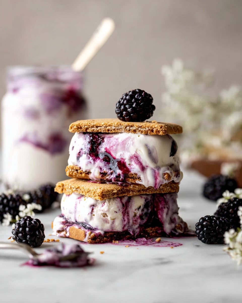 A double layer dessert sandwich sits on a white marbled surface, made with golden brown graham crackers as the top and bottom layers. The middle contains creamy white ice cream mixed with dark purple berry sauce that drips down the sides. A fresh blackberry rests on top of the ice cream sandwich, and more blackberries are scattered around. In the background, a white jar holds a creamy berry mixture with berry streaks on the inside. The scene is softly lit with a clean, minimal look. photo taken with an iphone --ar 4:5 --v 7