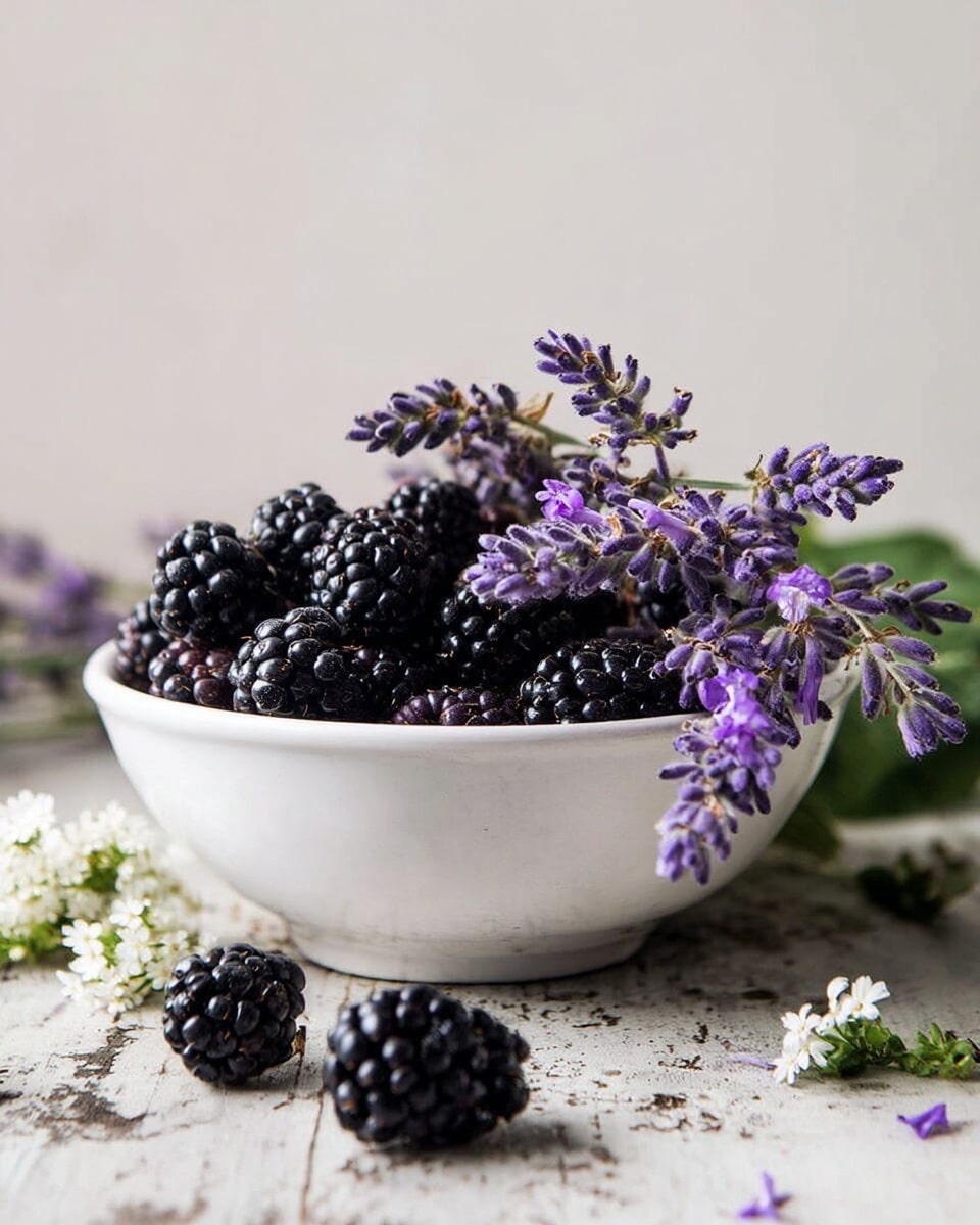A white bowl filled with blackberries and purple lavender flowers placed on the right side, overflowing slightly. The blackberries are deep black with a shiny texture, tightly packed and layered in the bowl. The lavender flowers are vibrant, creating a contrast with the dark berries and hang out from the bowl in different directions. Two blackberries are placed outside the bowl on a worn wooden surface. White small flowers and green leaves are scattered around on the wooden table. The background is a plain, light color. photo taken with an iphone --ar 4:5 --v 7