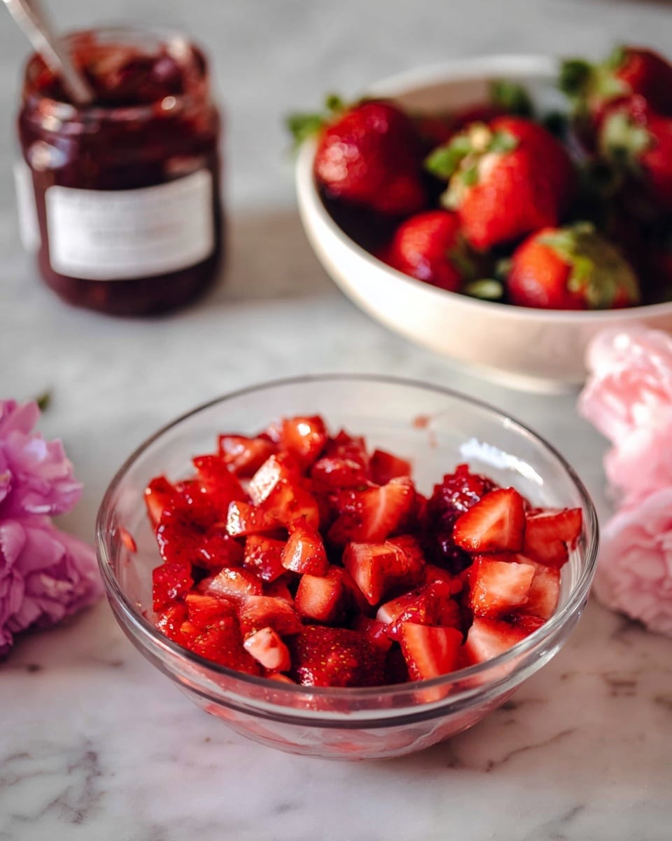 A clear glass bowl filled with bright red chopped strawberries sits in the front center of the image, showing shiny, juicy pieces with slightly different shapes and sizes. Behind it, a white bowl holds whole strawberries with green leaves attached, adding more vibrant red tones to the scene. A jar of dark red strawberry jam with a white label is placed toward the upper left, slightly out of focus. The surface beneath everything is white marble with subtle gray veins. To the right, a pink flower adds a soft touch of color. The overall look is fresh and colorful, with natural light highlighting the textures. photo taken with an iphone --ar 4:5 --v 7