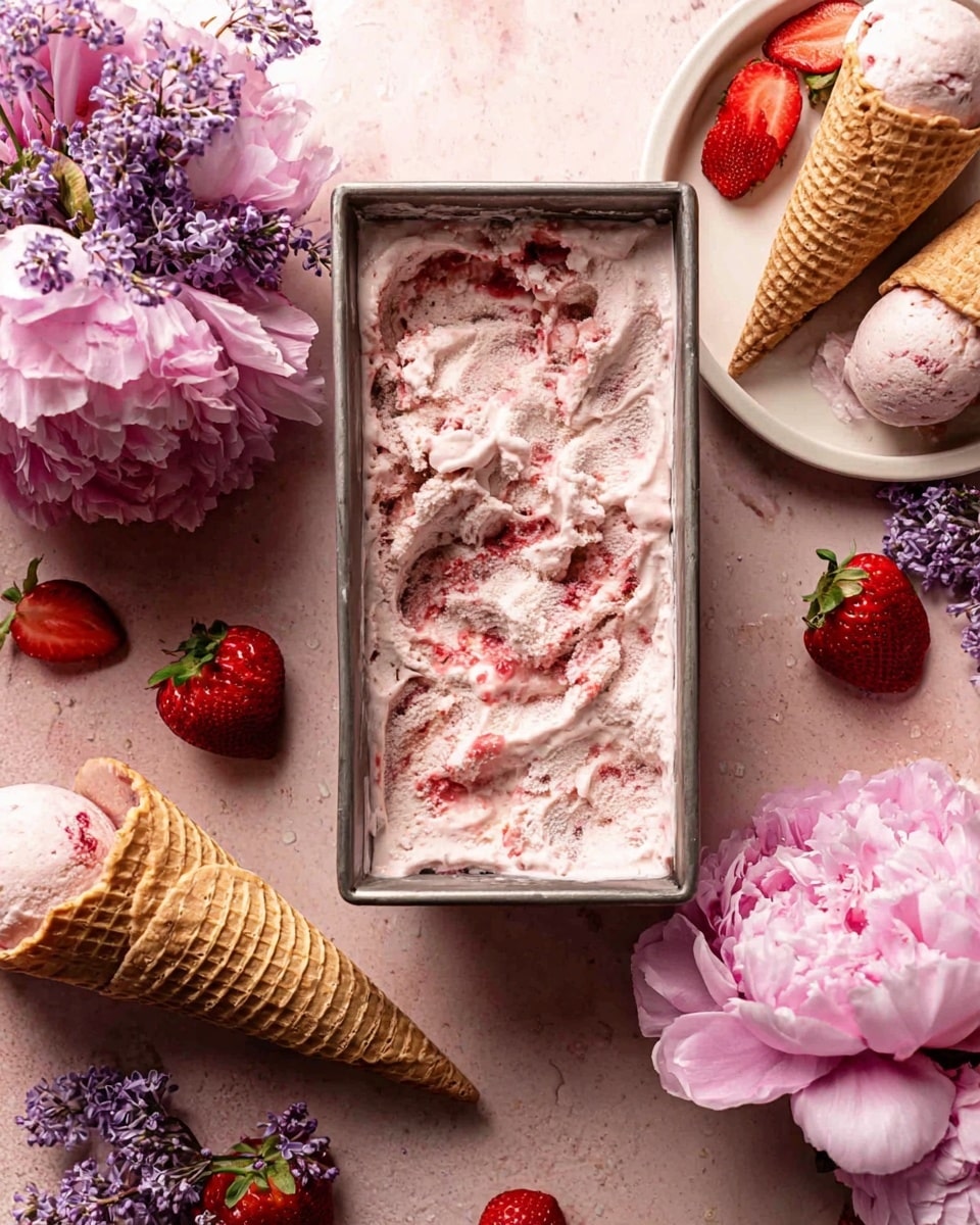 A rectangular metal pan filled with creamy pink and white strawberry ice cream, showing swirls of red strawberry puree throughout, placed on a light pink surface with some ice cream melting on the edges. Beside it, there is a white round dish holding two waffle cones, one filled with small purple lilac flowers and the other empty. Surrounding the pan and dish are several fresh strawberries, some whole and some sliced, and three large pink peony flowers lying on the surface. Another cone with two scoops of the same pink ice cream rests on the right side. The background is a light pink surface. Photo taken with an iphone --ar 4:5 --v 7