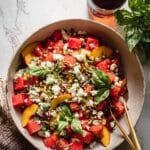 Watermelon Peach Salad with Feta, Basil, and Pistachios Recipe