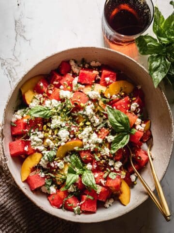 Watermelon Peach Salad with Feta, Basil, and Pistachios Recipe