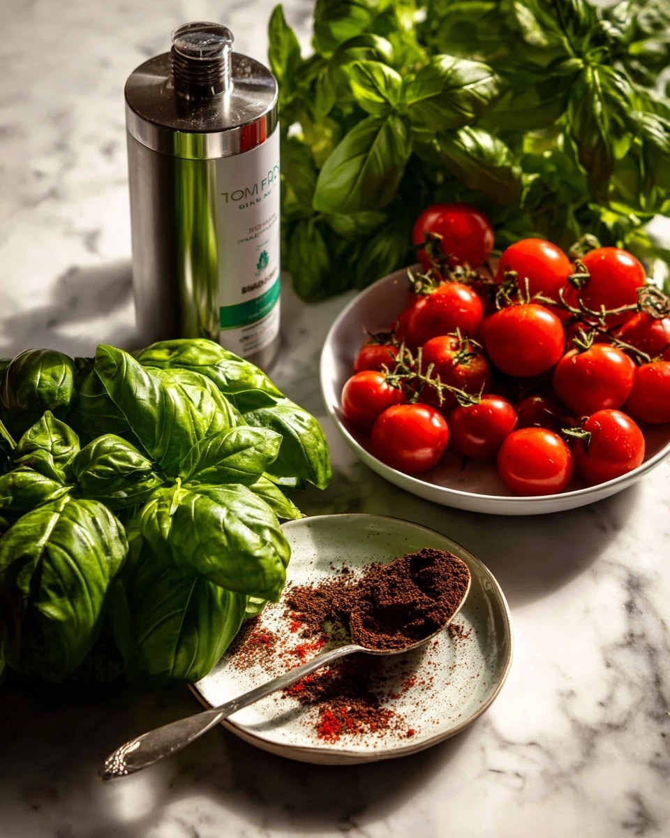 The image shows three layers of food items on a white marbled surface: in the back, a silver bottle with a green label stands tall; in the middle, a round white bowl holds bright red cherry tomatoes still on their green stems; in the front, a white plate has a metal spoon filled with a dark brown powder and some reddish powder spread around it, surrounded by fresh green basil leaves with a mix of light and dark green shades. The lighting highlights the freshness and colors clearly. Photo taken with an iphone --ar 4:5 --v 7
