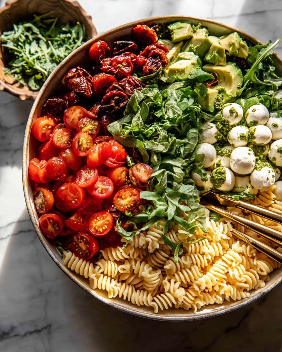 A large bowl filled with a layered pasta salad on a white marbled surface. The bottom layer is light beige ruffled pasta spread evenly. On top, there are five visually separate layers: bright red cherry tomatoes on the left, roasted dark red tomatoes next to them, fresh dark green leafy herbs covering a large section, creamy white mozzarella balls next to the herbs, and light green slices of avocado peeking through the greens. A pair of gold utensils rests on the edge of the bowl. In the background on the white marbled surface, there is a smaller bowl with more green herbs. Photo taken with an iphone --ar 4:5 --v 7