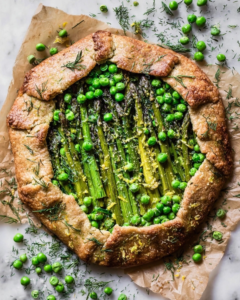 A round galette with a thick, golden-brown crust folded unevenly around the edges, enclosing a layer of bright green asparagus spears arranged closely side by side. On top of the asparagus, there are fresh peas scattered with some still in pods, and thin strips of green herbs sprinkled all over. Small bits of coarse salt and lemon zest add detail across the vegetables. The galette sits on parchment paper with loose peas and herbs around it, all on a white marbled surface. Photo taken with an iphone --ar 4:5 --v 7