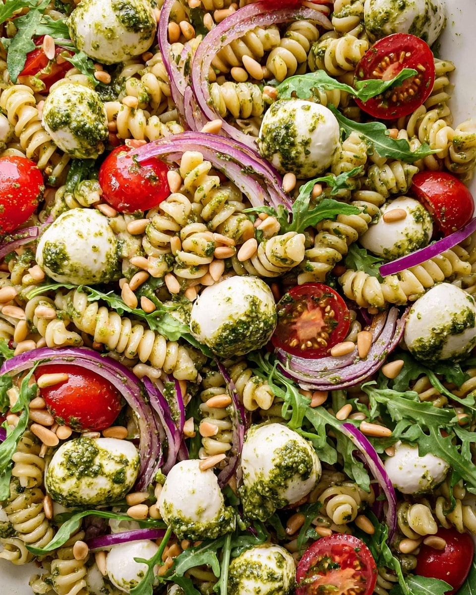 The image shows a close-up of a pasta salad with three main layers. The base layer is light cream-colored rotini pasta spirals, mixed evenly throughout the dish. Scattered on top are bright red cherry tomato halves and white small mozzarella balls, each coated with a green herb pesto sauce, giving a fresh, slightly oily texture. Thin purple-red slices of red onion are spread across the salad, providing a crisp element. Green arugula leaves are loosely mixed in, adding a fresh touch. Small, light brown pine nuts are sprinkled generously over everything. The whole dish sits on a white marbled surface. Photo taken with an iphone --ar 4:5 --v 7
