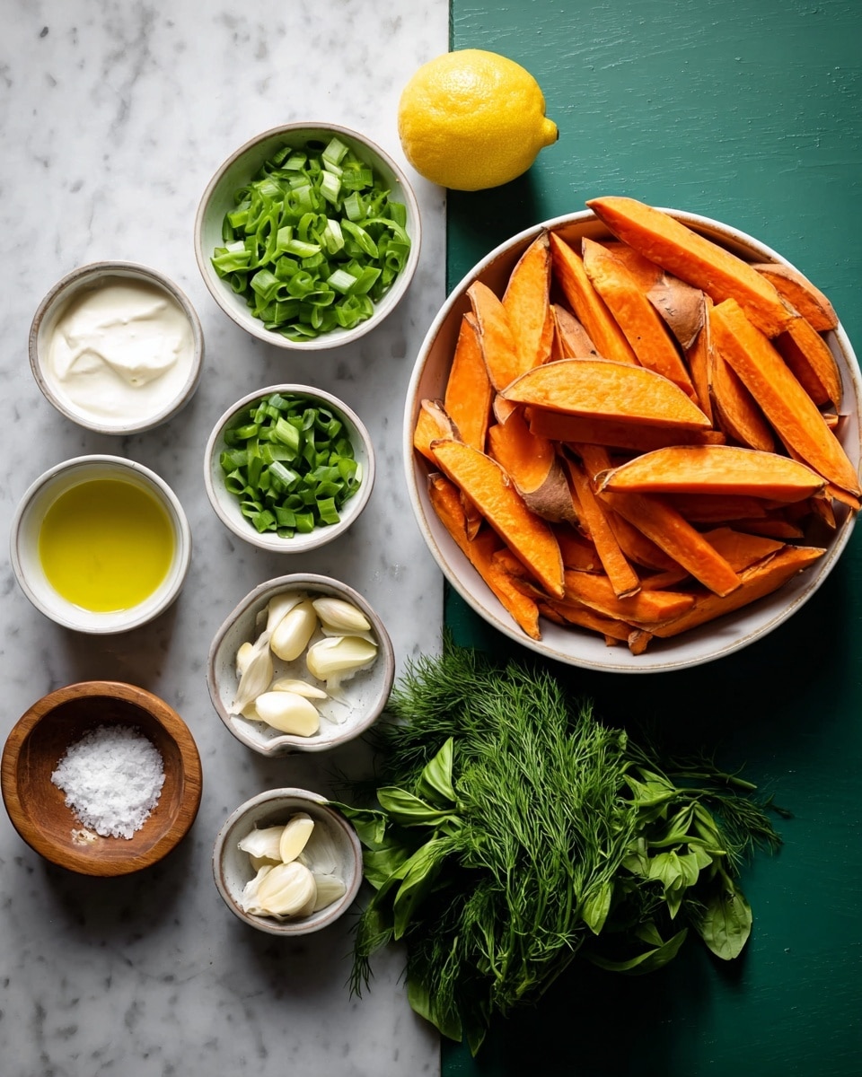 The image shows several small white bowls and one large white bowl arranged on a white marbled surface. The large bowl on the right is full of bright orange, thick sweet potato wedges stacked in layers. To the left, there are small white bowls with different items: chopped green onions, a creamy white sauce, chopped fresh dill, peeled garlic cloves, and a yellowish liquid, likely oil. There is also a small wooden bowl with white salt and fresh green herbs, including basil and dill, laid out next to half a lemon in the upper center of the image. photo taken with an iphone --ar 4:5 --v 7