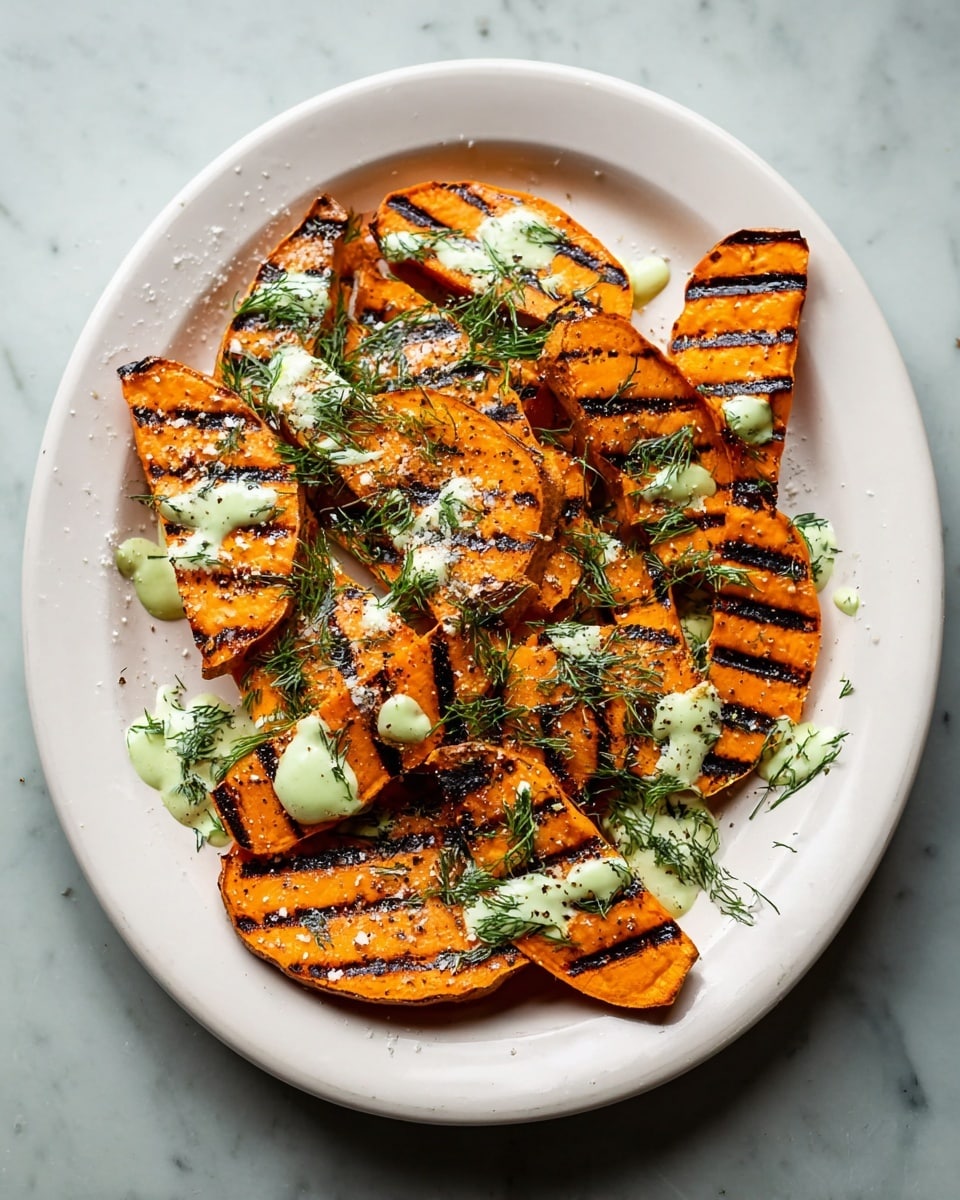 The dish shows a white oval plate on a white marbled surface filled with about a dozen slices of grilled sweet potatoes. Each sweet potato slice is bright orange with dark grill marks running across them. There is a light green creamy sauce drizzled unevenly over the sweet potatoes, adding a contrast of texture and color. Scattered finely chopped fresh green herbs, likely dill, are sprinkled on top, enhancing the visual appeal with small patches of darker green. A small amount of coarse salt and black pepper is also visible on some slices, adding subtle texture highlights. The overall presentation looks fresh and colorful. photo taken with an iphone --ar 4:5 --v 7