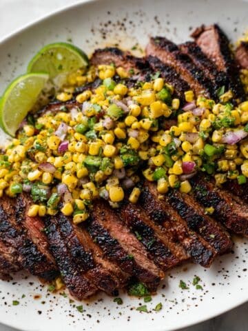 Coffee Crusted Strip Steak with Herbed Corn Salsa Recipe