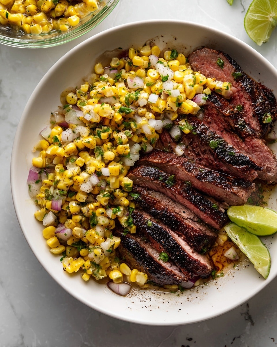A white plate with several thick slices of grilled steak that have dark char lines and a slightly pink inside, topped with a bright mix of yellow corn kernels, finely chopped green herbs, small pieces of purple onion, and green peppers. Two lime wedges sit on top of the steak, adding a fresh green color. The plate has scattered black pepper specks, and the whole dish is set on a white marbled surface. Photo taken with an iphone --ar 4:5 --v 7