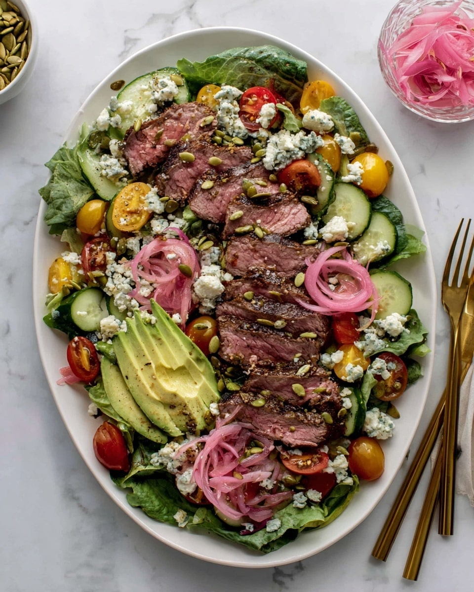 A white plate sits on a white marbled surface, filled with a colorful salad made of several layers. The base layer is mixed green leaves with shades of dark and light green. On top of this, there are bright red and yellow cherry tomatoes cut in half, thin slices of cucumber, and pickled pink onions. Thinly sliced avocado is fanned out on one side, showing soft pale green and yellow colors sprinkled with black pepper. Next to the avocado are slices of cooked meat with a browned edge. Small white crumbled cheese and green pumpkin seeds are scattered evenly over the whole salad. A glass bowl with pink pickled onions is visible in the top left corner. Photo taken with an iphone --ar 4:5 --v 7