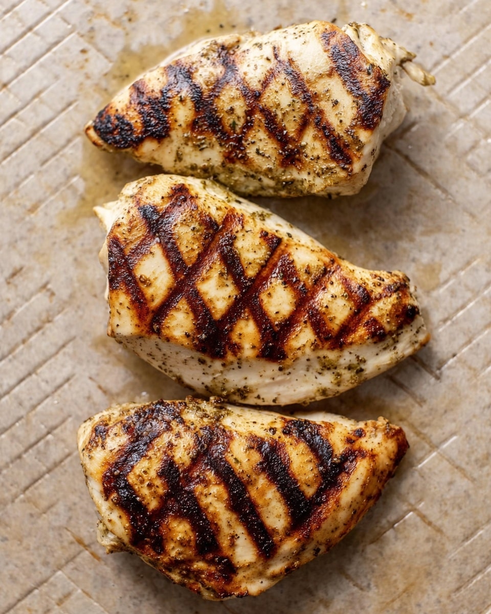 Three grilled chicken pieces lie close together on a textured light beige surface with a diamond pattern. Each piece has clear dark brown grill marks running diagonally across the creamy white meat with a light seasoning coating. The top piece is the lightest in color with fewer grill marks, while the bottom two pieces have more visible charred edges and darker grill lines. The surface beneath the chicken shows some small spots of grease and seasoning drips. photo taken with an iphone --ar 4:5 --v 7