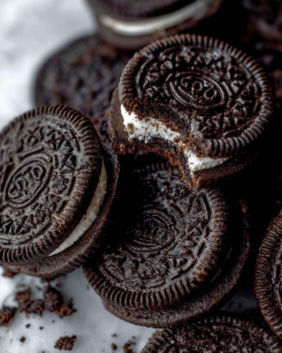 A close-up view of several black sandwich cookies with intricate patterns on the dark chocolate outer layers, stacked and broken into pieces. Each cookie has two dark outer layers with a visible middle layer of white cream filling. The cookies show a crumbly texture with small dark crumbs scattered around. The background is a white marbled texture, softly blurred in the corners. photo taken with an iphone --ar 4:5 --v 7