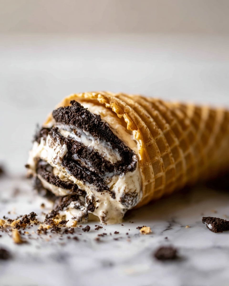 A close-up view of a rolled waffle cone filled with layers of dark brown crushed cookie pieces mixed with creamy, light beige ice cream. The cone has a textured, golden brown surface with a visible pattern and rests on a white marbled surface with scattered cookie crumbs around. The focus is on the front opening of the cone where the layered filling is clearly seen with contrasting dark and light colors, and the background is softly blurred. photo taken with an iphone --ar 4:5 --v 7