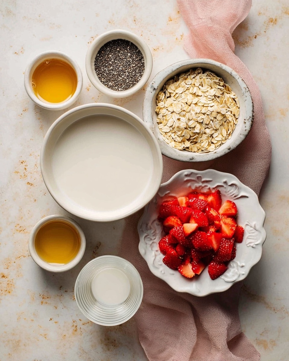 A top-down view of six white bowls and one glass arranged closely on a white marbled surface with a soft pink cloth underneath some bowls. The largest white bowl at the center-left holds smooth, creamy white liquid. To the right of it, a white bowl is filled with bright red chopped strawberries. Below it, a white bowl with a decorative edge is filled with pale yellow oat flakes. Above the strawberry bowl, a small white bowl contains golden honey. At the top left, another white bowl holds dark chia seeds. Near the bottom left, a small white bowl has a small amount of honey, and below it, a ribbed glass is filled with white liquid. The bowls and glass have a natural, simple look, and everything rests on a white marbled surface. Photo taken with an iphone --ar 4:5 --v 7