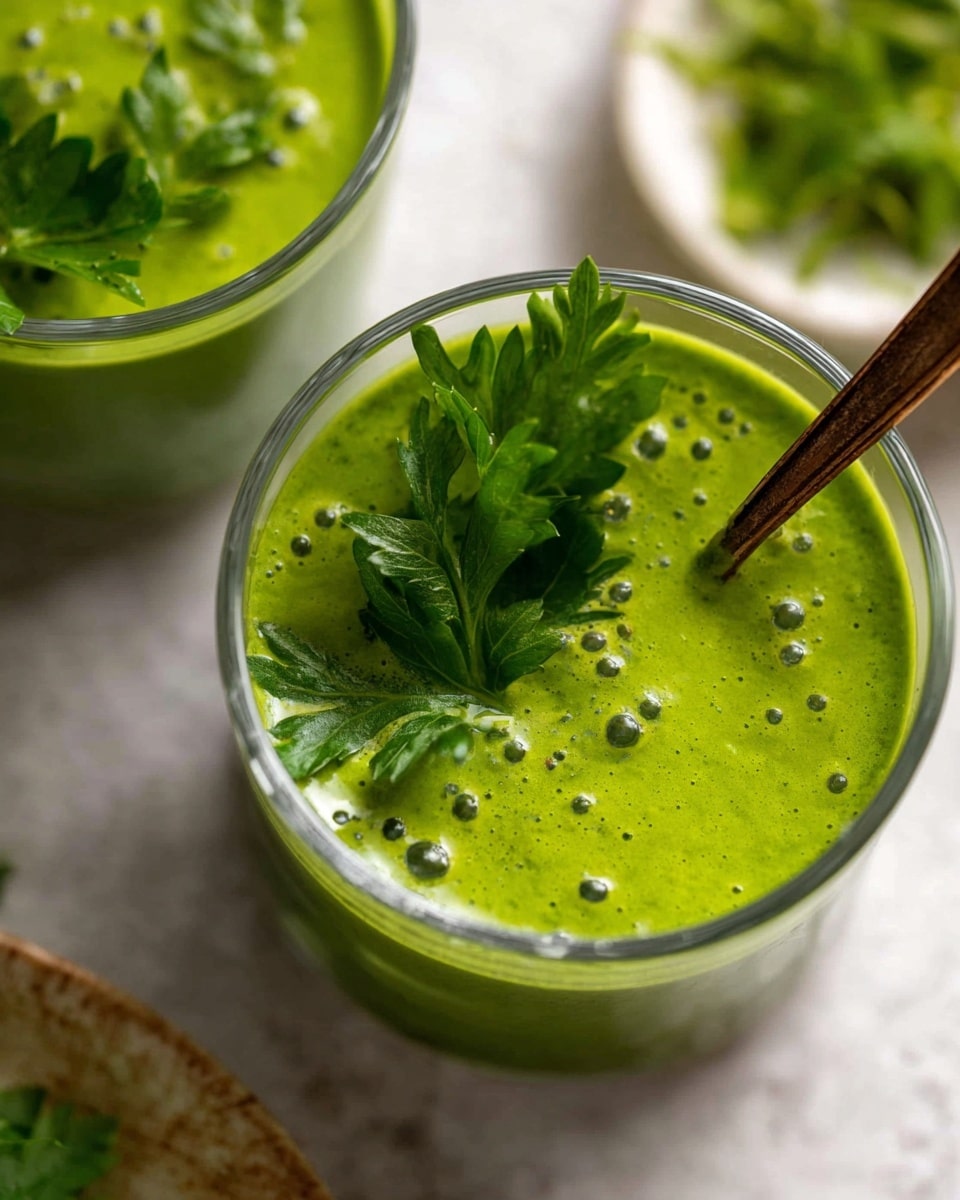 A close-up view of two clear round glasses filled with a smooth, bright green sauce or dressing. Each glass is topped with fresh green parsley leaves, adding texture and a pop of deeper green color on the surface. One glass features a bronze spoon partially submerged in the sauce. The background shows a white marbled texture, with a white dish holding more green garnish blurred in the back. The image captures fresh, vibrant, and creamy green layers with small bubbles on the sauce’s surface, giving a fresh and healthy look. photo taken with an iphone --ar 4:5 --v 7