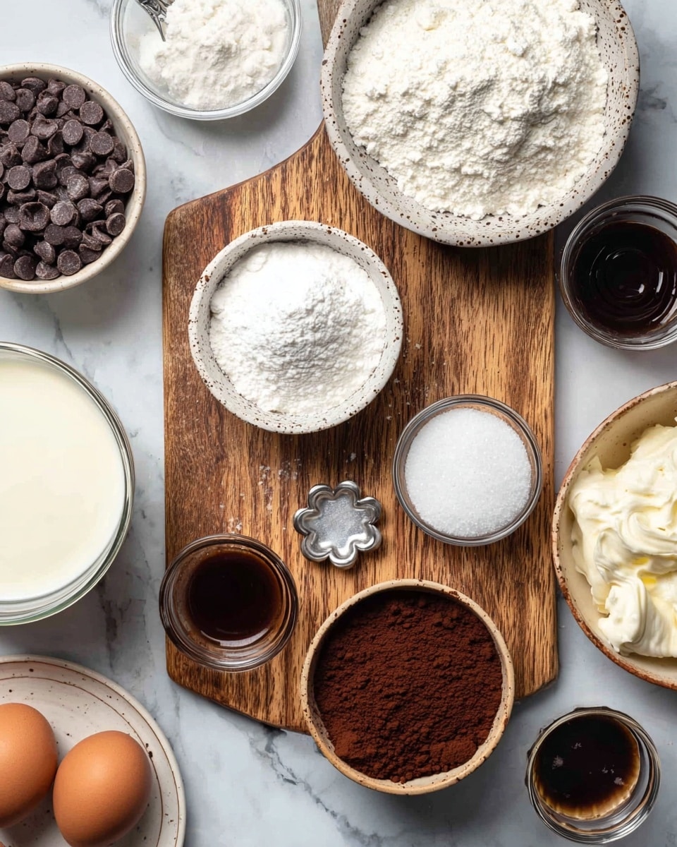 The image shows a wooden cutting board placed on a white marbled surface with several small bowls of baking ingredients arranged on and around it. On the board, there is a white speckled bowl filled with white powder, two small clear glass bowls with white powders, a small white bowl with dark brown liquid, and a small silver flower-shaped bowl with salt. Surrounding the board are a bowl filled with dark chocolate chips on the left, a bowl of thick white cream, a glass bowl of milk, and a beige bowl filled with dark brown cocoa powder with some white flour on top. There is also a small clear glass with black coffee near the center bottom, and two brown eggs on a white plate on the lower left side. The overall look is clean and organized, meant for baking preparation with a variety of light and dark tones. Photo taken with an iphone --ar 4:5 --v 7