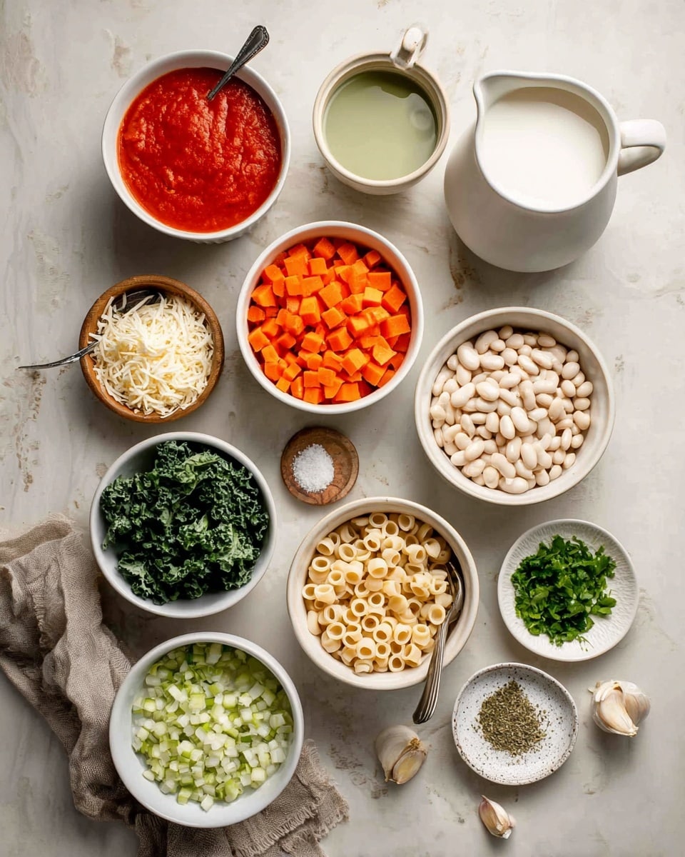 This image shows several white dishes arranged on a white marbled surface, each holding different ingredients for cooking. At the center bottom is a bowl filled with small round pasta, light beige in color. To its top left is a bowl with bright red tomato sauce, next to a cup with light green broth and a spoon inside. Above that is a white pitcher filled with white milk or cream. To the right of the pitcher, a bowl holds orange diced carrots with a smaller wooden bowl of grated white cheese on top. Next to the carrots is a small measuring cup with chopped dark green kale. Below the kale, a white bowl contains finely chopped white onion. To the right, a large white bowl is filled with white beans, accompanied by a small bowl of chopped green herbs on top. At the bottom left, a smaller bowl has chopped light green celery. In the bottom right corner, a small white cracked plate holds white salt, black pepper, and dried green herbs. On the surface near the bowls are two garlic cloves and a crumpled light gray cloth. The whole setup looks clean and fresh. Photo taken with an iphone --ar 4:5 --v 7