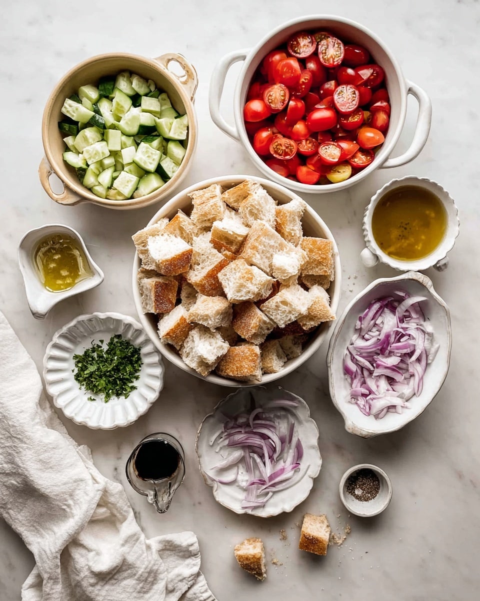 This image shows several small white bowls and cups with different ingredients arranged on a white marbled surface. In the center, there is a large white bowl filled with thick, chunky pieces of rustic bread with a golden crust. To the upper left, a beige bowl contains small, uneven pieces of green cucumber. To the upper right, a white bowl with handles is filled with halved bright red cherry tomatoes. Below that, a small white scalloped dish holds chopped green herbs. On the lower right corner, a small bowl holds thinly sliced purple onions with a few pieces scattered on the surface nearby. Among these, there are small cups with golden dressing, mustard, and dark vinegar. A white plate with mixed salt and pepper is also present near the bottom center. A white cloth is casually placed beneath some bowls. Photo taken with an iphone --ar 4:5 --v 7