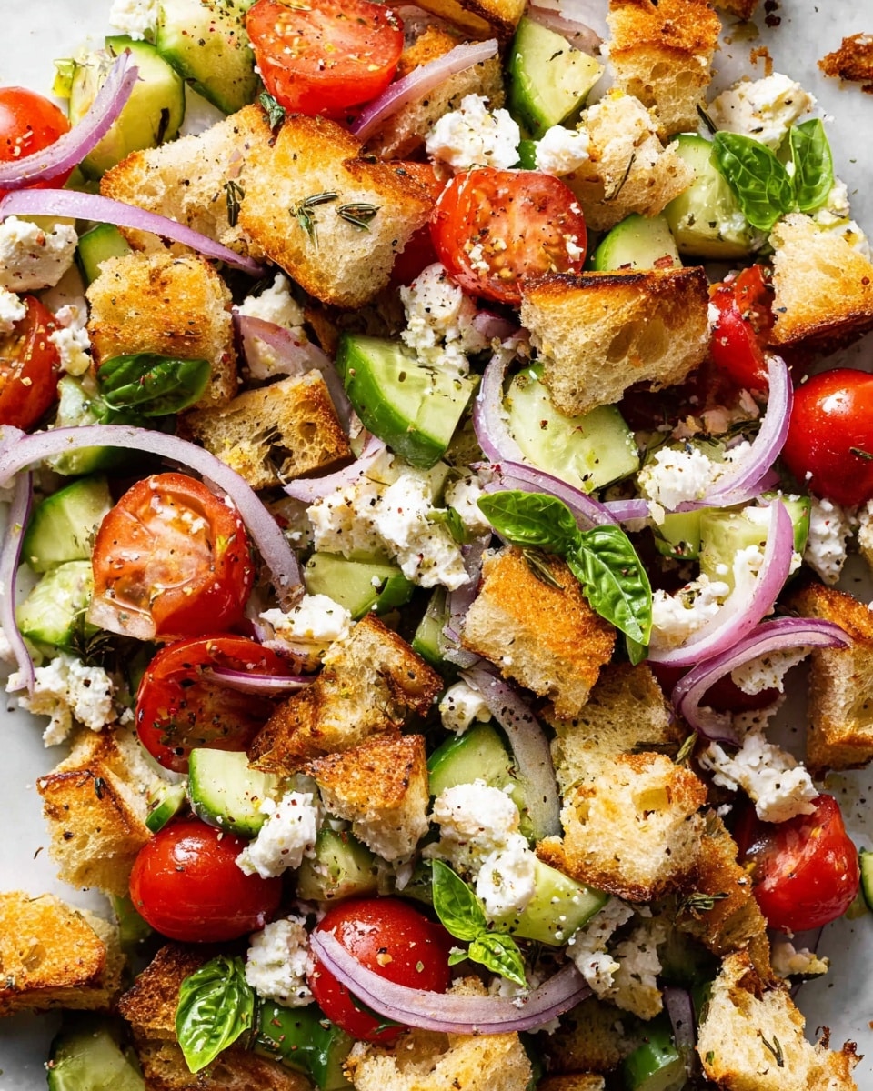 The image shows a close-up of a fresh salad with several layers spread over a white marbled surface. The base layer has bright green cucumber pieces that look crisp and small red cherry tomatoes, some whole and some sliced in half, bringing a shiny and juicy texture. Thin light purple onion slices are scattered on top in curved shapes. Large chunks of golden brown toasted bread pieces are spread unevenly, adding a rough texture. White crumbles of soft cheese are scattered throughout, adding contrast. Fresh green basil leaves are visible in small clusters, adding a splash of green. The salad is sprinkled lightly with black pepper and dried herbs, giving a subtle speckled appearance. photo taken with an iphone --ar 4:5 --v 7