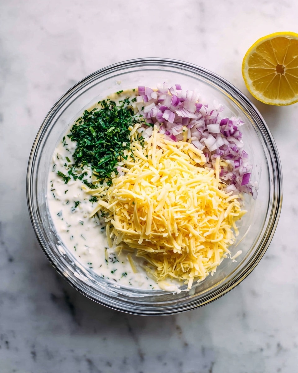 A clear glass bowl sits on a white marbled surface with a mix of ingredients inside, showing four distinct layers: on the bottom, a creamy white sauce spread thinly; on the left side, finely chopped green herbs; on the lower right side, small pieces of purple-red chopped onion; and covering most of the top, a pile of shredded yellow cheese. To the top right of the bowl, there is a halved yellow lemon resting on the white marbled surface. photo taken with an iphone --ar 4:5 --v 7