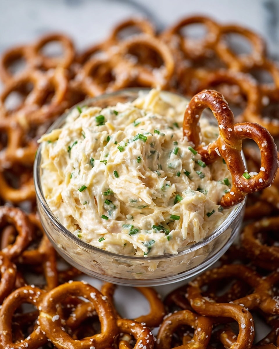 A glass bowl filled with a creamy, shredded cheese dip that is light yellow with small green chive pieces mixed throughout, with one cracked white salt pretzel dipped into the bowl resting on the edge. The bowl is placed on a white marbled surface surrounded by many more pretzels with a golden brown color and coarse salt sprinkled on them. The focus is on the bowl with the creamy dip and pretzel against a blurred background of more pretzels. photo taken with an iphone --ar 4:5 --v 7