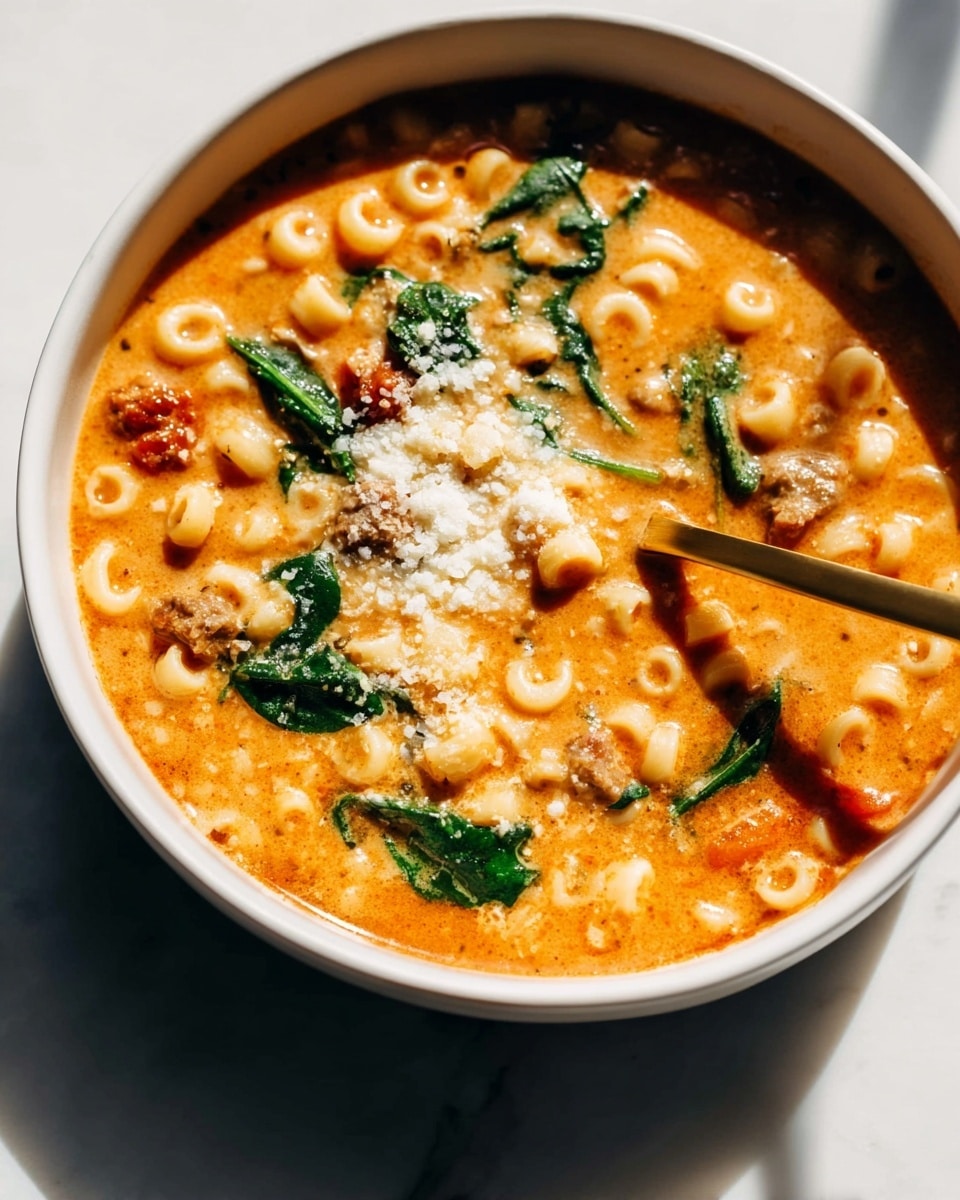 A creamy orange soup fills a white bowl, thick with small round pasta pieces throughout. There are chunks of soft-looking meat and bright green spinach leaves scattered on top, along with a sprinkle of grated white cheese in the center. A golden spoon rests inside the bowl, partially submerged in the soup, showing the rich, smooth texture of the broth. The bowl is placed on a white marbled surface, with light casting shadows around it. Photo taken with an iphone --ar 4:5 --v 7
