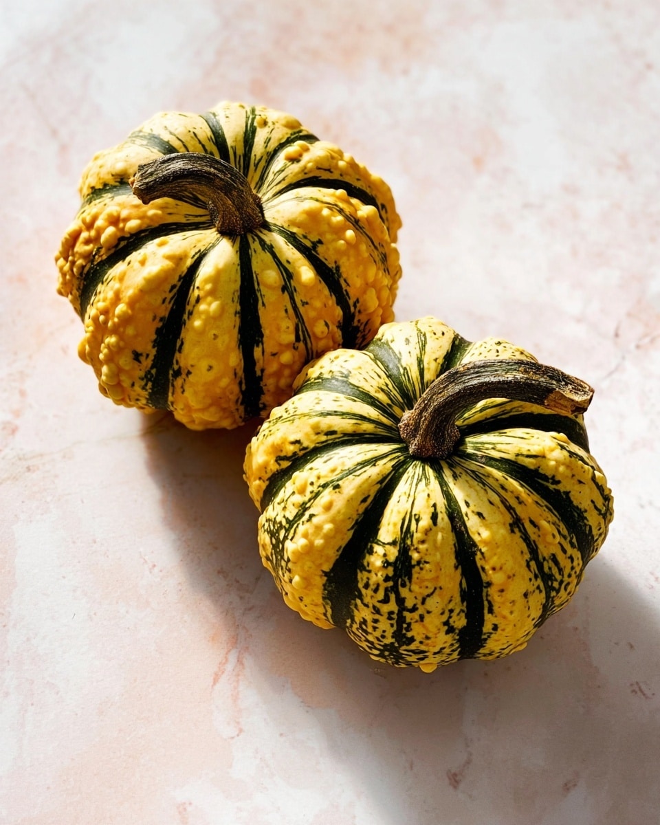 The image shows two small pumpkins with a bumpy texture and deep grooves, lying on a white marbled surface. Both pumpkins have a pale yellow color with dark green stripes running from the stem to the bottom. One pumpkin is positioned slightly behind the other, and both cast soft shadows to the left. The stems are short and thick, with a rough texture. The lighting is bright, highlighting the shiny surface of the pumpkins. photo taken with an iphone --ar 4:5 --v 7