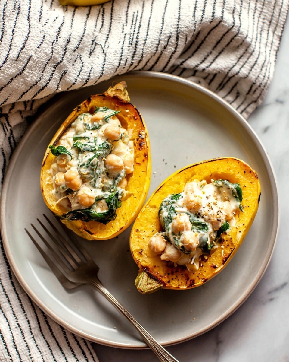 The image shows two roasted yellow squash halves placed on a white plate with a soft matte finish. Each squash half is filled with a creamy mixture containing white sauce, light beige chickpeas, and green leafy spinach, giving the dish a layered look: bright yellow squash on the bottom, creamy white and pale beige filling in the middle, and green spinach speckled throughout. A silver fork rests diagonally on the plate behind the squash halves. The plate sits on a white marbled surface, with a light cloth featuring thin black stripes casually draped nearby. photo taken with an iphone --ar 4:5 --v 7