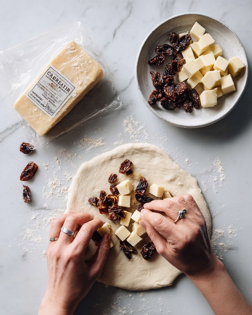 A piece of dough lies flat on a white marbled surface, with scattered cubes of pale yellow cheese and dark brown dried tomatoes on top. A white plate to the upper left holds more cheese cubes and dried tomatoes. Two woman's hands are placing cheese cubes on the dough, with one wearing a silver ring. A block of cheddar gruyere cheese wrapped in clear plastic sits on the left side of the image. The whole scene has soft natural light and a clean, simple look. photo taken with an iphone --ar 4:5 --v 7