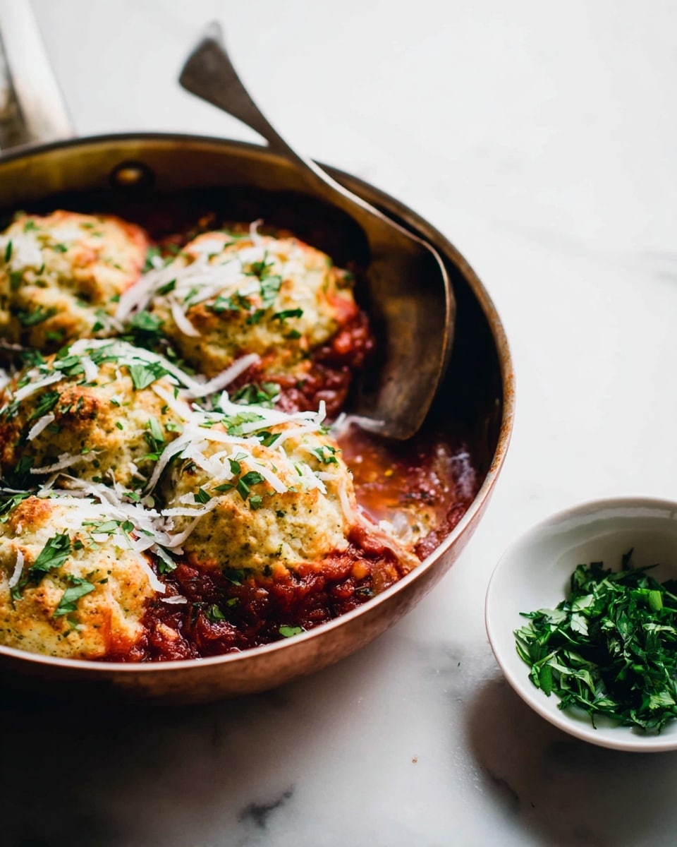 A close-up of a dish served in a round copper pan showing four biscuit-like dumplings sitting on a rich red tomato sauce. Each dumpling is golden with a soft, fluffy texture, sprinkled with shredded white cheese and fresh chopped green herbs. On the right side, a silver spoon rests inside the pan, slightly covered by the sauce. To the right of the pan, a small white bowl holds more bright green chopped herbs. The whole scene is set on a white marbled surface with soft natural light enhancing the colors. Photo taken with an iphone --ar 4:5 --v 7
