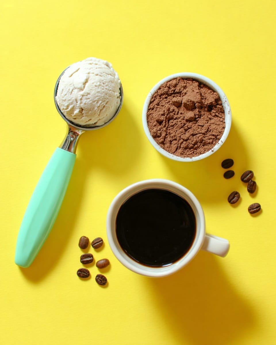 The image shows three main items on a bright yellow surface: at the bottom right, there is a white cup filled with black coffee, with a few scattered coffee beans around it; above it and to the right is a white measuring cup holding light brown cocoa powder with a rough, powdery texture; to the left of these is an ice cream scoop with a mint green handle, filled with a white powdery ingredient, likely sugar or flour. photo taken with an iphone --ar 4:5 --v 7