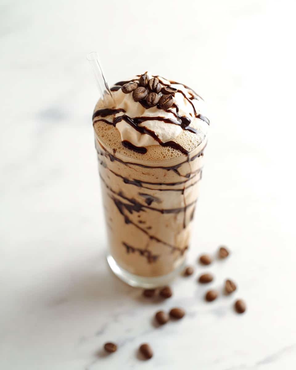 A tall glass filled with a light brown whipped coffee drink topped with frothy foam. The foam is decorated with dark chocolate drizzle forming thin lines across the surface, and a few whole coffee beans sit on top. The glass has some chocolate streaks on the inside, showing the mix of coffee and chocolate. A white straw is placed inside the drink. Around the base of the glass, several coffee beans are scattered on a white marbled surface. Photo taken with an iphone --ar 4:5 --v 7