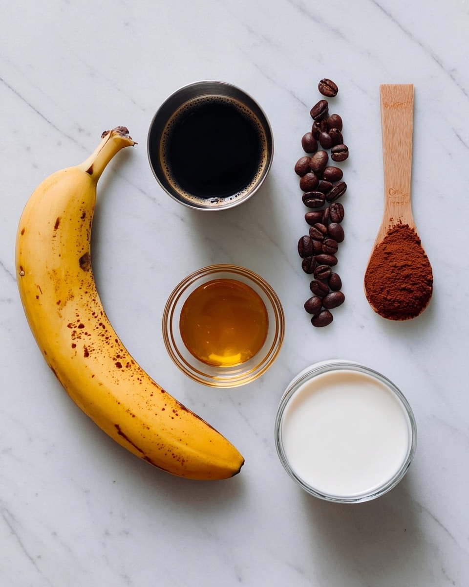 The image shows six ingredients arranged on a white marbled surface: a ripe yellow banana with brown spots positioned diagonally, a small wooden spoon filled with rich brown cocoa powder to the right, a small clear glass bowl of golden honey below the spoon, a white bowl filled with creamy white milk on the bottom right, a stainless steel cup with dark black coffee on the top left, and a small arc of roasted coffee beans placed between the coffee and banana. The colors stand out sharply against the clean white background, creating a simple yet vibrant composition. photo taken with an iphone --ar 4:5 --v 7