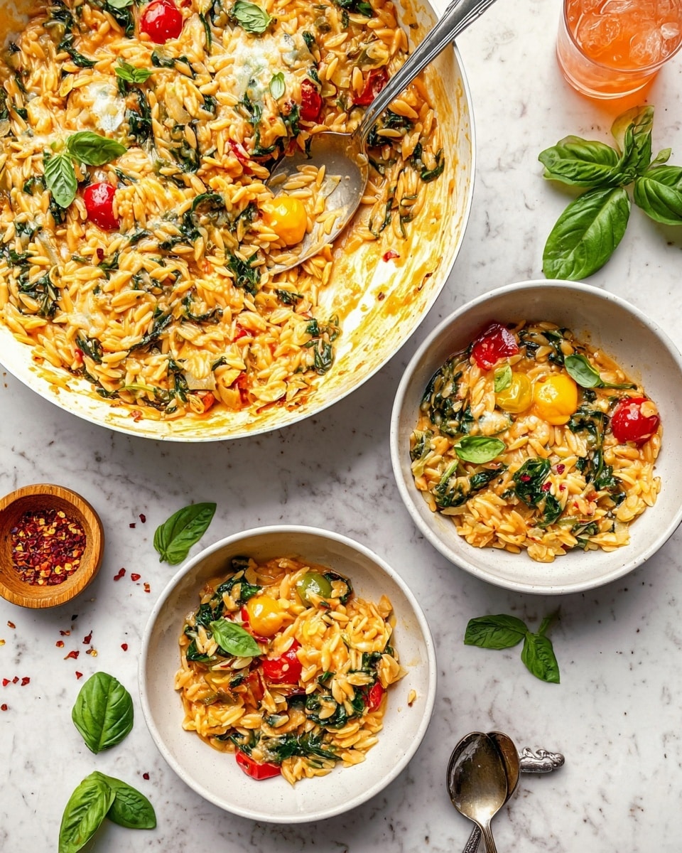 A large white skillet filled with cooked orzo pasta mixed with cooked spinach, cherry tomatoes, and melted cheese, all in a light orange sauce, is seen from above. Two white bowls next to the skillet each hold a serving of the orzo dish, showing layers of yellow melted cheese, green spinach, and red and yellow cherry tomatoes on top. A silver spoon rests inside the skillet, and another is in one of the bowls. Around them on a white marbled surface are scattered fresh basil leaves, a small wooden bowl with red chili flakes, a silver spoon, and a clear glass with a bit of orange-colored liquid. Photo taken with an iphone --ar 4:5 --v 7