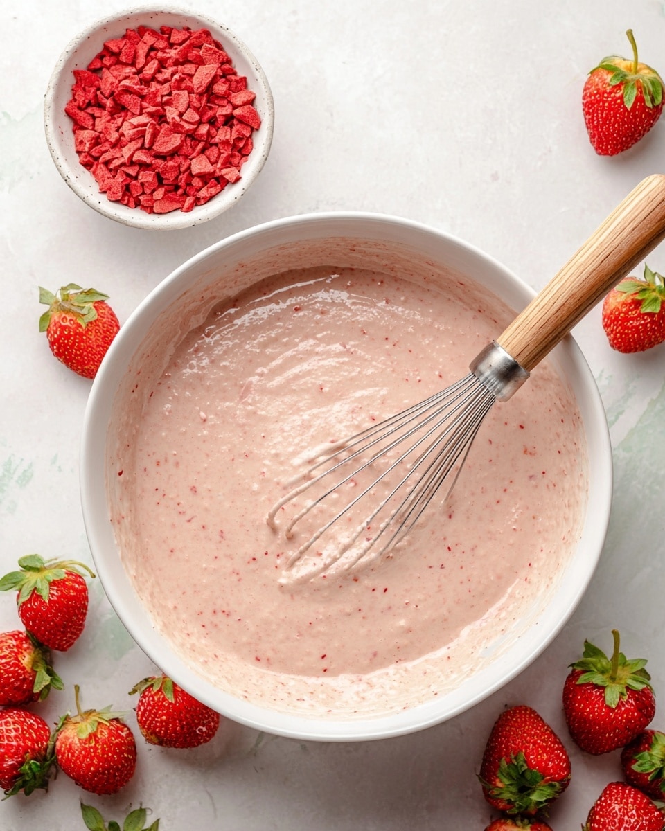 A large white bowl filled with a smooth, light pink batter that has tiny red specks mixed throughout, with a metal whisk with a wooden handle resting inside, partially submerged in the batter. To the top left of the bowl, there is a small white bowl filled with bright red freeze-dried strawberry pieces. Around the large bowl, fresh whole strawberries with green tops are scattered on a white marbled surface. The image has a clean and fresh look with a soft, natural light. Photo taken with an iphone --ar 4:5 --v 7